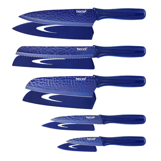 Kitchen Knife Set of 5, Non-slip Metallic Ceramic Coated Chef Knife Set, Hammered Blade with Plastic Handle and Protective Blade Sheath - Hecef Kitchen