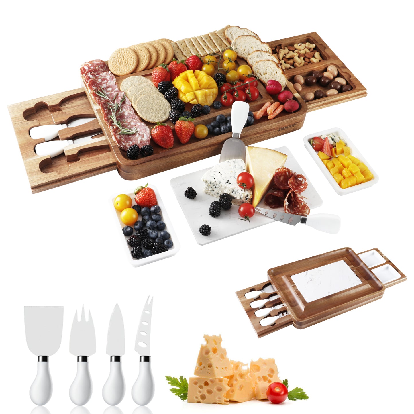 Hecef Acacia Wooden Square Marble Cheese Board Gift Set with 2 Drawers - Hecef Kitchen