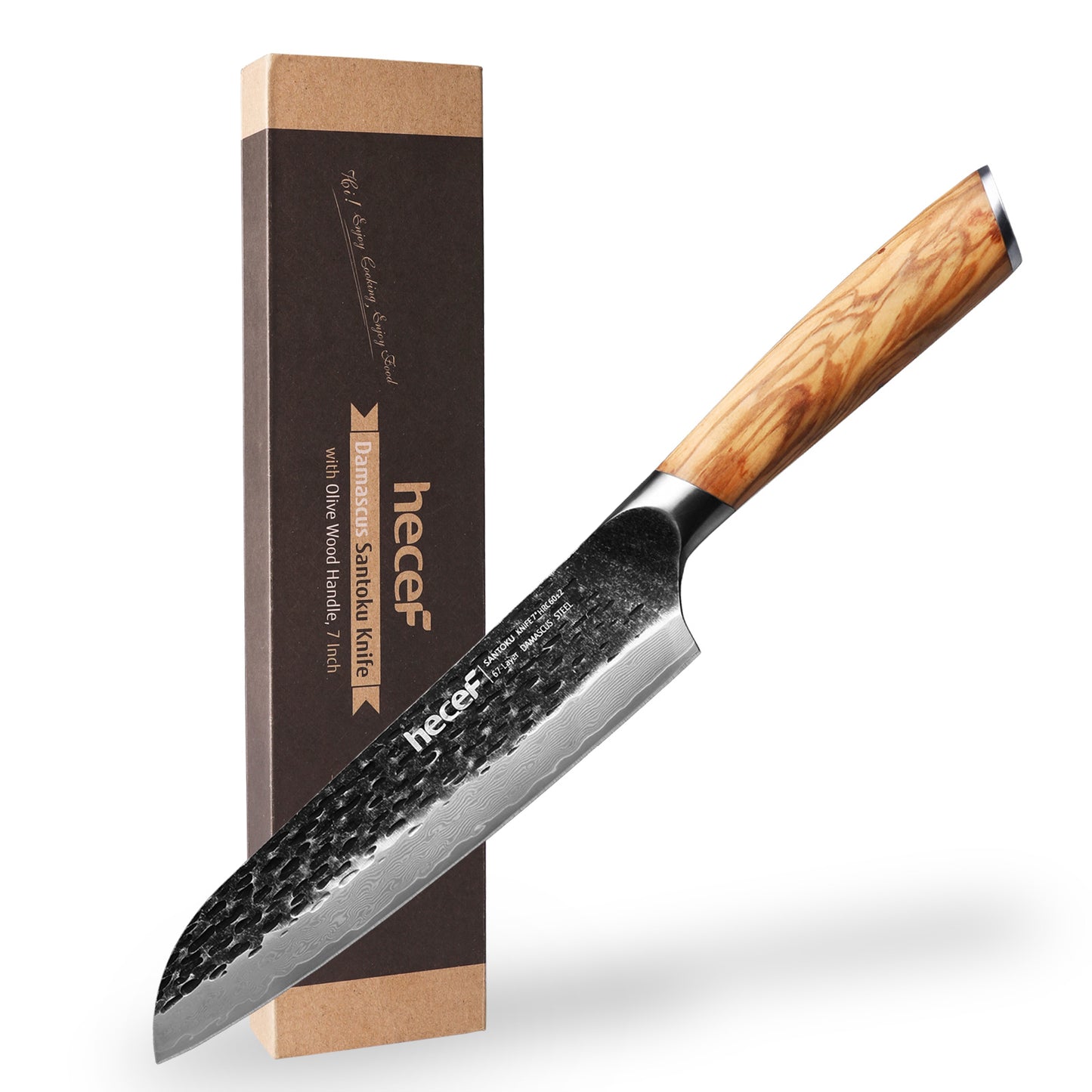 Hecef 8" Professional Damascus Ultra Sharp Japanese Chef Knife with Ergonomic Olive Wood Handle, High Carbon Stainless Steel Kitchen Cooking Knife, Elegant Gift Box - Hecef Kitchen