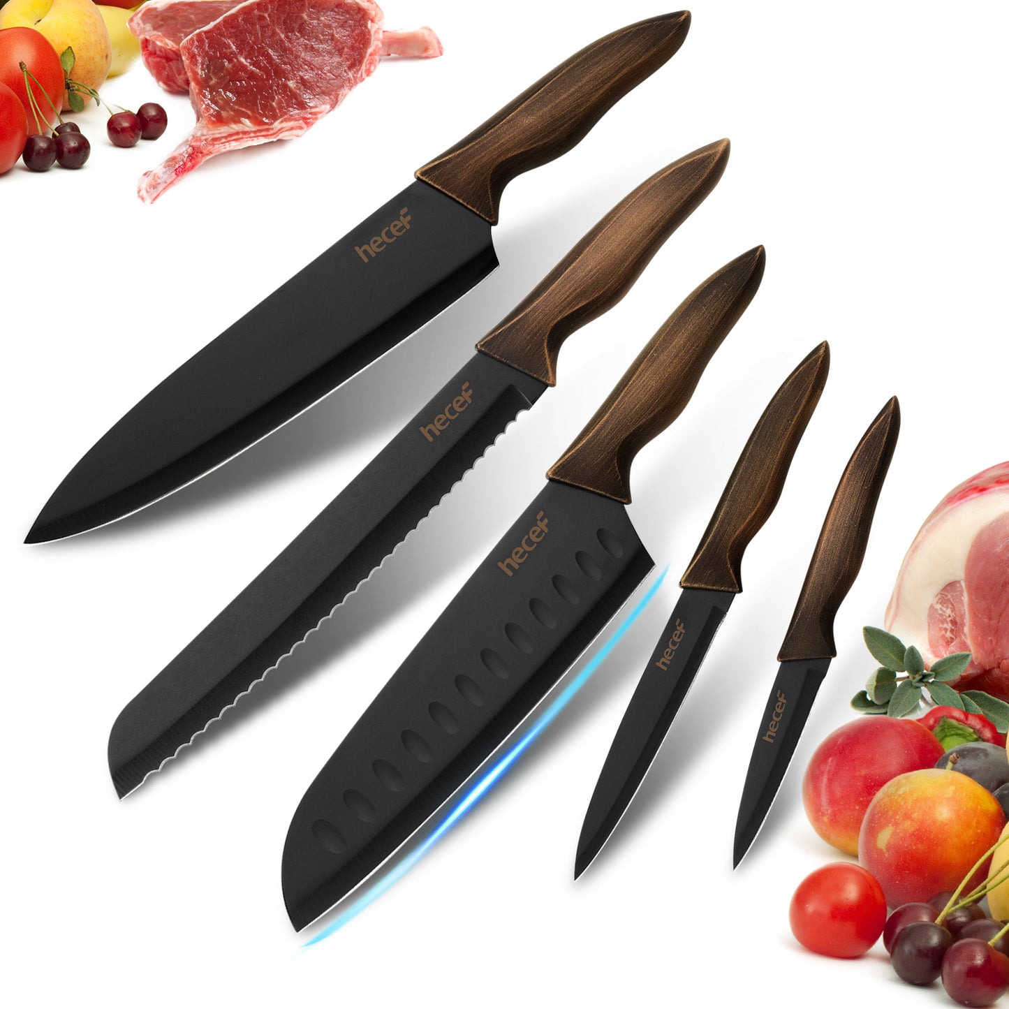 Hecef Kitchen Retro Black Bronze Knife Set of 5 with Knife Sheaths - Hecef Kitchen