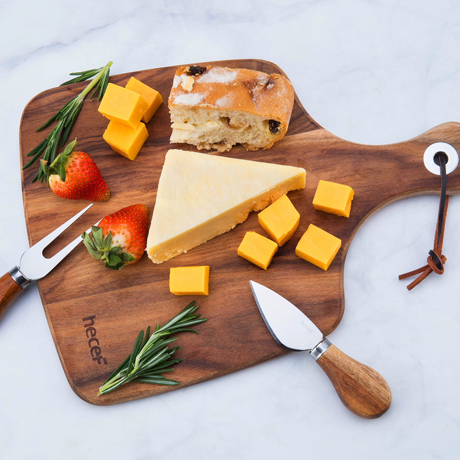 hecef Cheese Board set of 3,a Acacia Wood Cheese Plate & a Cheese Knife & a Cheese Fork, Cheese Platter Slate Board Cheese Serving Board (Cheese board with 2 knives) - Hecef Kitchen