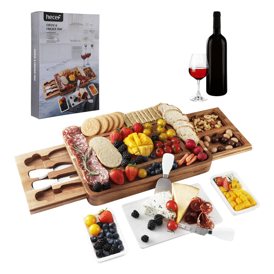 Hecef Acacia Wooden Square Marble Cheese Board Gift Set with 2 Drawers - Hecef Kitchen