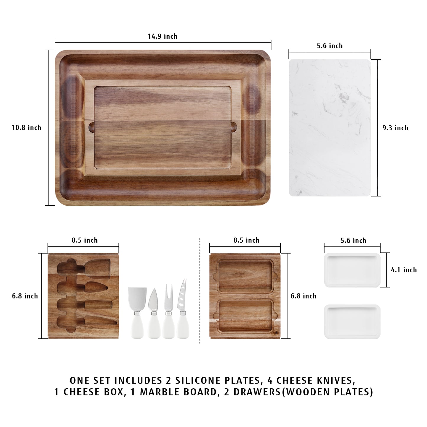 Hecef Acacia Wooden Square Marble Cheese Board Gift Set with 2 Drawers - Hecef Kitchen