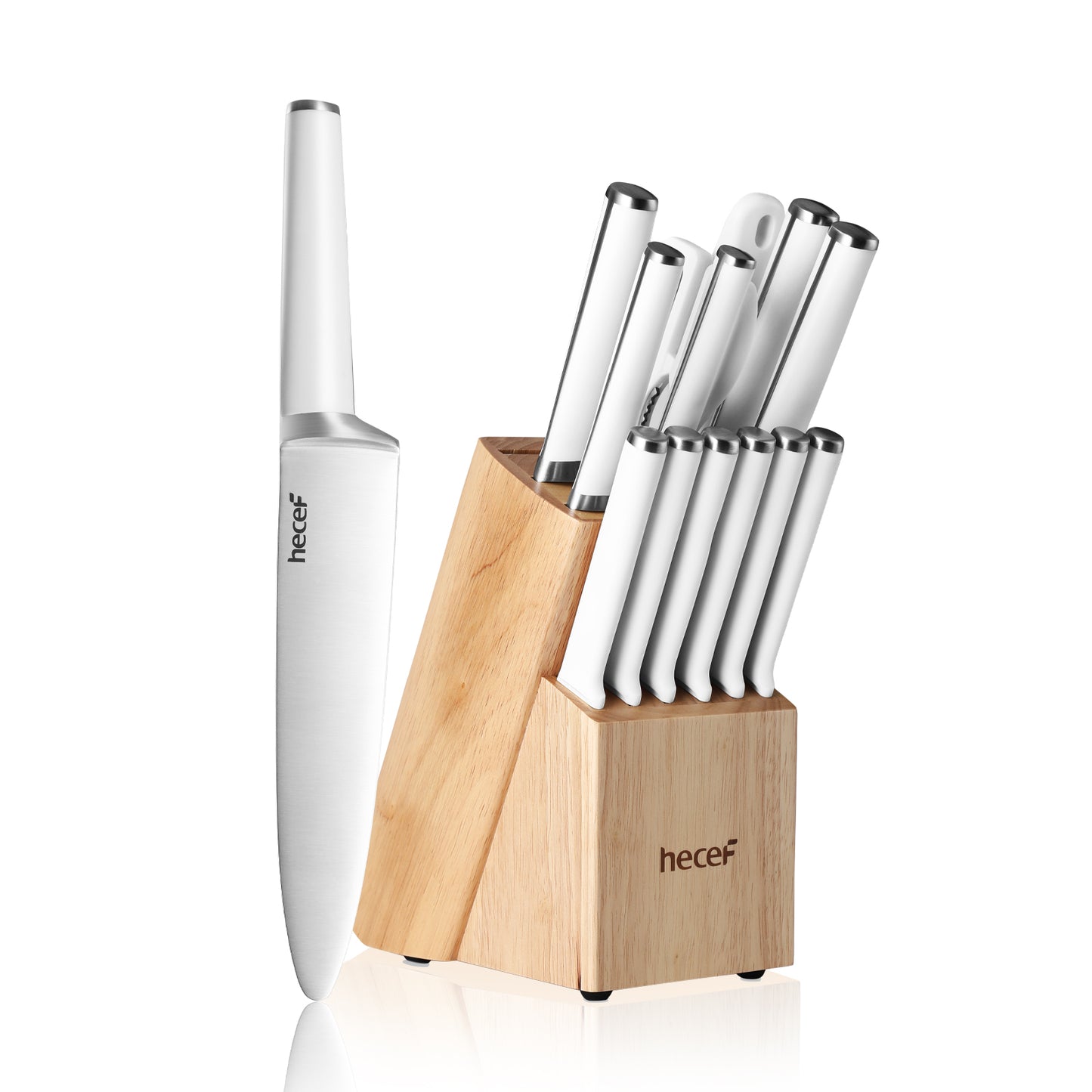 Hecef 15 PCS White Kitchen Knife Set with Wooden Block, Stainless Steel Ultra Sharp Kitchen Knife Set with 6 PCS Steak Knives, Meat Scissors, Sharpener Steel, Red Dot Design Award Winner 2022 - Hecef Kitchen