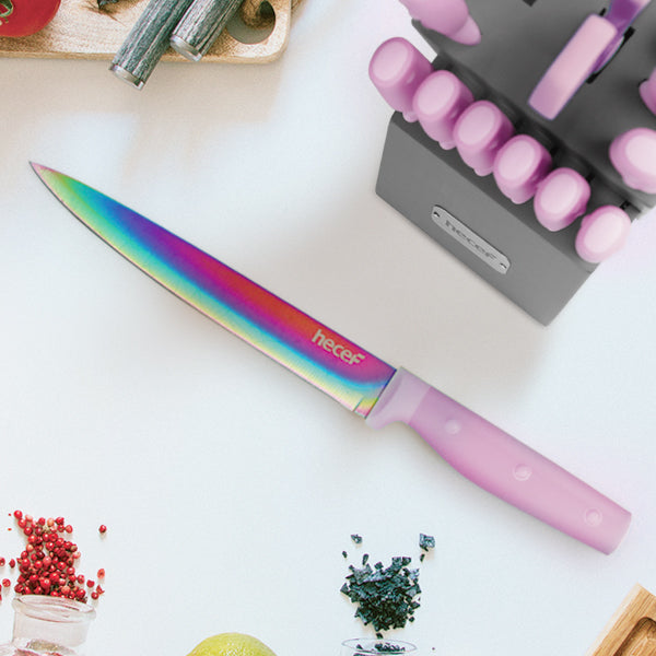 hecef 14 Pieces Knife Set with Block, Rainbow Titanium Knives Set with Laser Pattern, Martensitic Stainless Steel Chef Knife Set with Sharpener, Steak Knife, Scissors(Green) - Hecef Kitchen