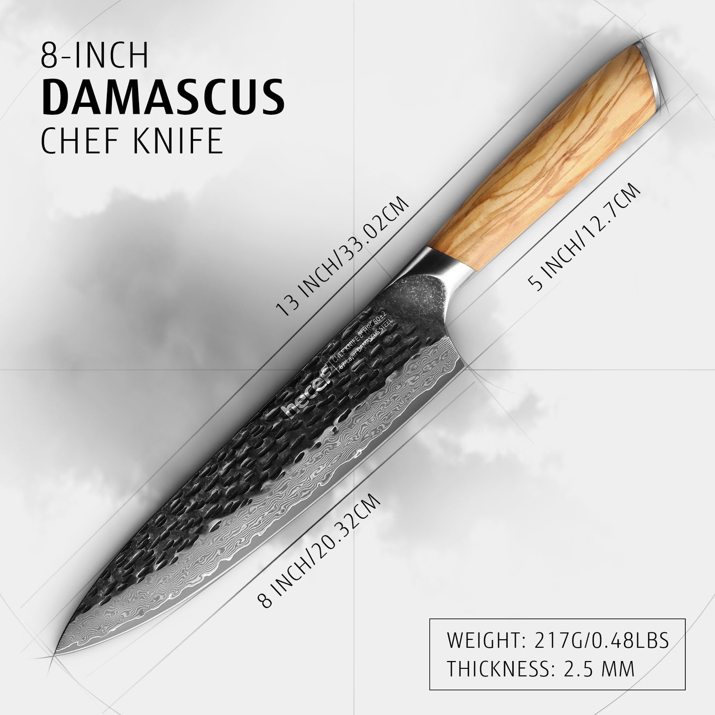 8" Professional Damascus Ultra Sharp Japanese Chef Knife with Ergonomic Olive Wood Handle, High Carbon Stainless Steel Kitchen Cooking Knife, Elegant Gift Box - Hecef Kitchen