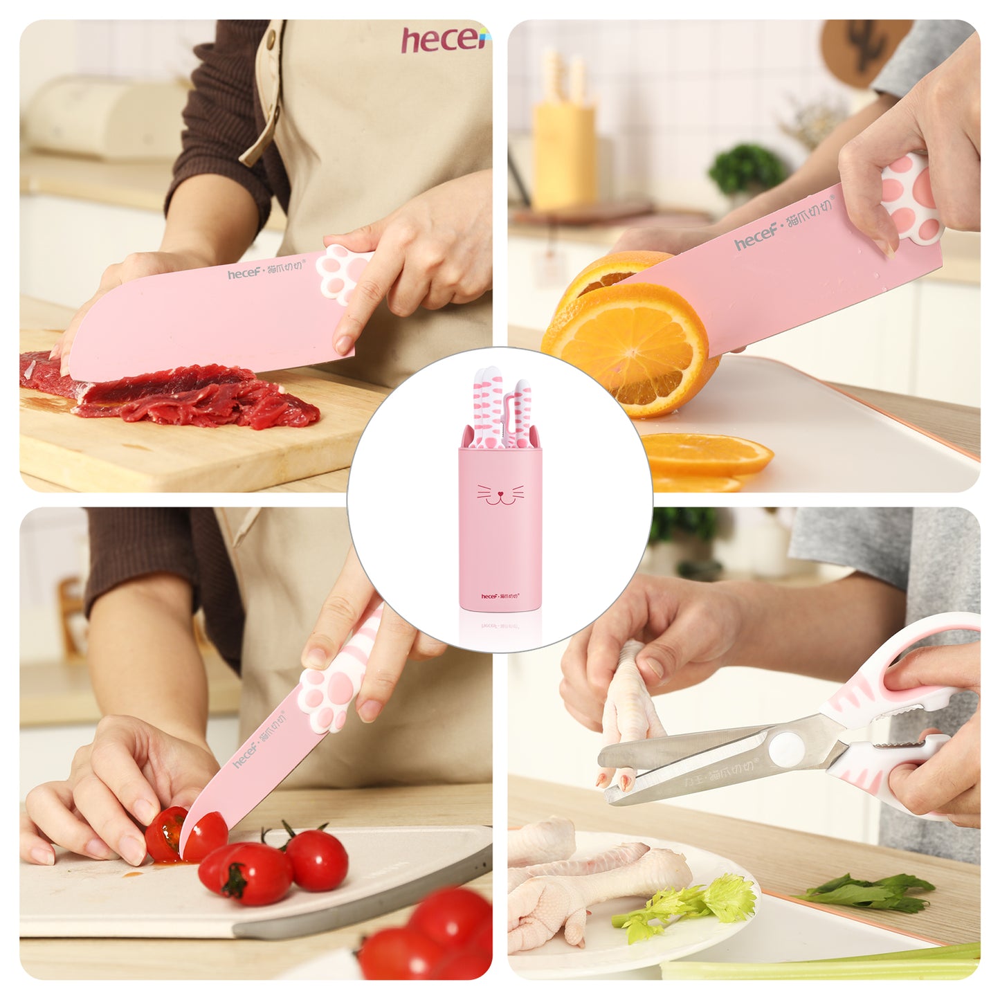 hecef Cute Kitchen Knife Set,5-piece Non-Stcik Knives Set with Detachable Block and Scissors,Sharp Kitchen Knives for Chopping, Slicing, Dicing and Cutting - Hecef Kitchen