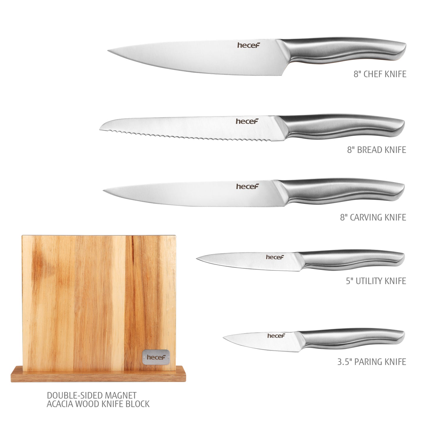 Hecef Kitchen All-Metal Knife Set of 6 with Wooden Magnetic Knife Block - Hecef Kitchen