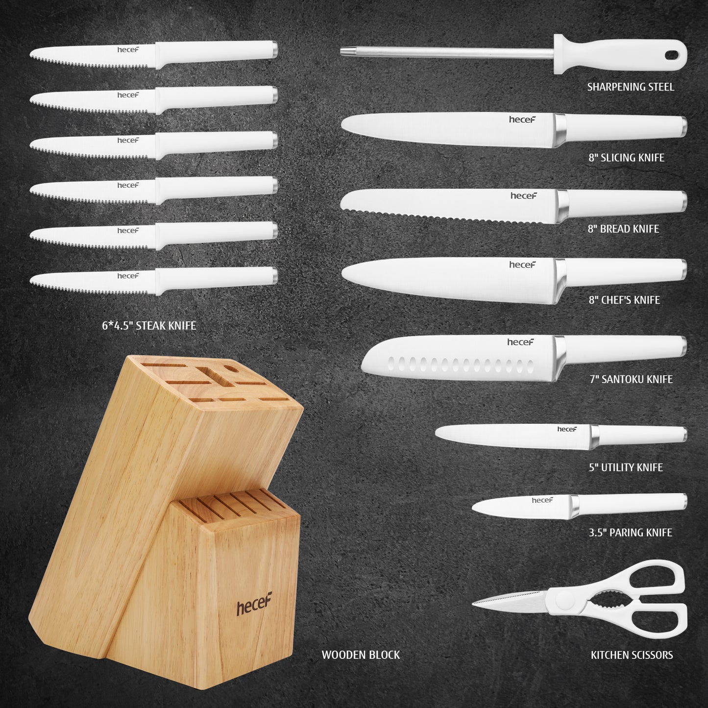 Hecef 15 PCS White Kitchen Knife Set with Wooden Block, Stainless Steel Ultra Sharp Kitchen Knife Set with 6 PCS Steak Knives, Meat Scissors, Sharpener Steel, Red Dot Design Award Winner 2022 - Hecef Kitchen