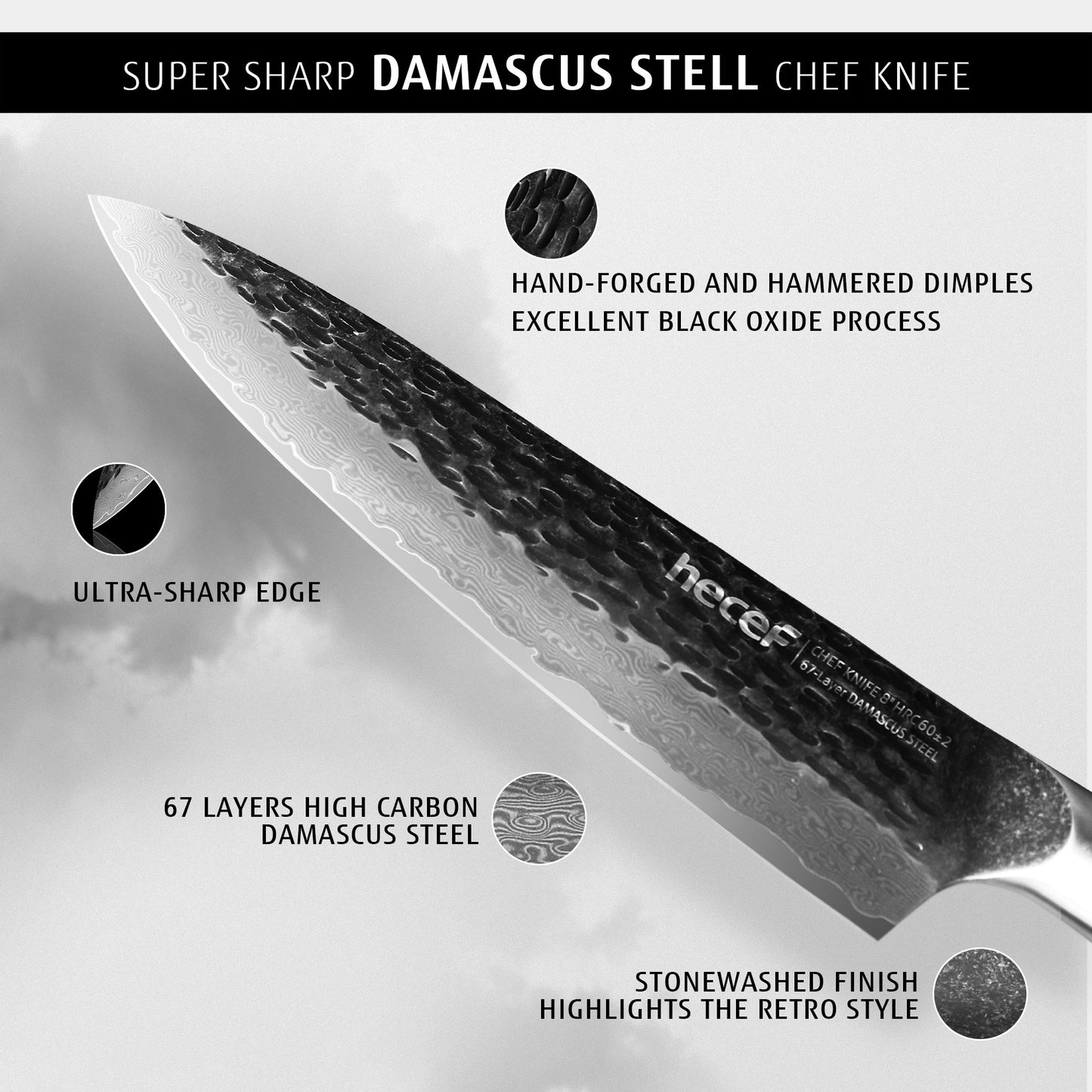 8" Professional Damascus Ultra Sharp Japanese Chef Knife with Ergonomic Olive Wood Handle, High Carbon Stainless Steel Kitchen Cooking Knife, Elegant Gift Box - Hecef Kitchen