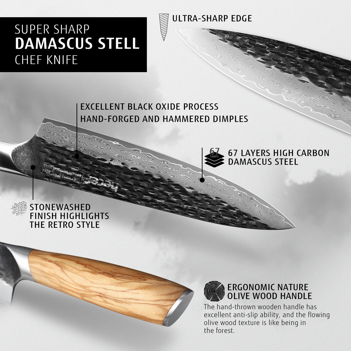 8" Professional Damascus Ultra Sharp Japanese Chef Knife with Ergonomic Olive Wood Handle, High Carbon Stainless Steel Kitchen Cooking Knife, Elegant Gift Box - Hecef Kitchen