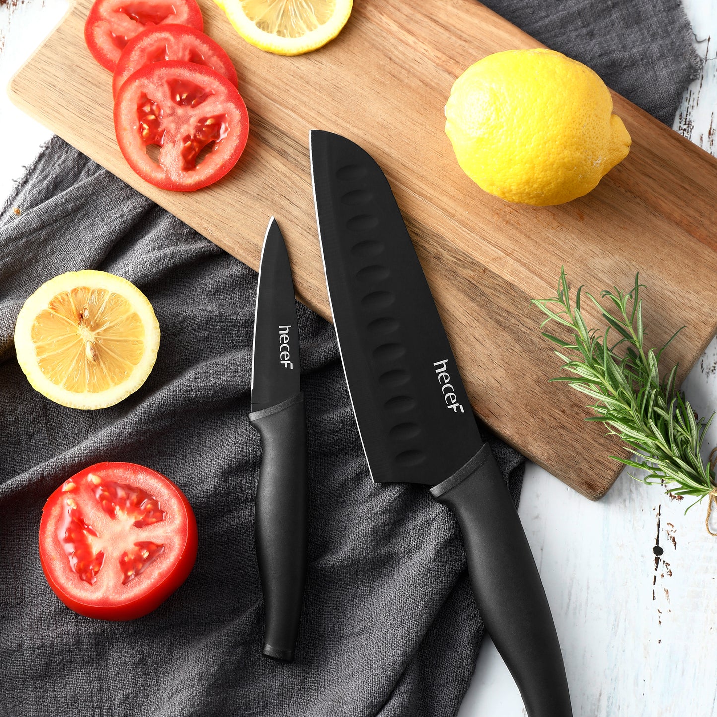 hecef Black Oxide Knife Set of 6 with Matching Blade Protective Sheath, Black Kitchen Knife Set, Scratch Resistant & Rust Proof, Hard Stainless Steel, Non Stick Black Color Coating Blade Knives - Hecef Kitchen