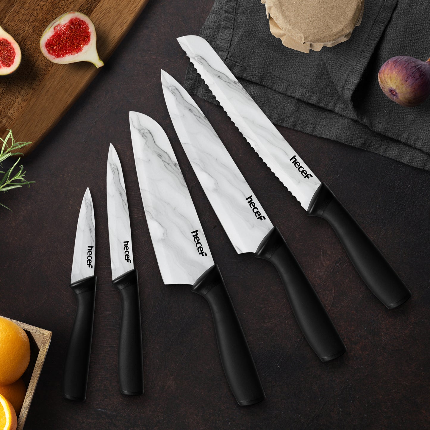 Kitchen Knife Set with Marble Pattern, Non-stick Ceramic Coated Stainless Steel Blades with Protective Sheaths, Professional Chef Knife Set for Kitchen, Restaurant, Camping - Hecef Kitchen