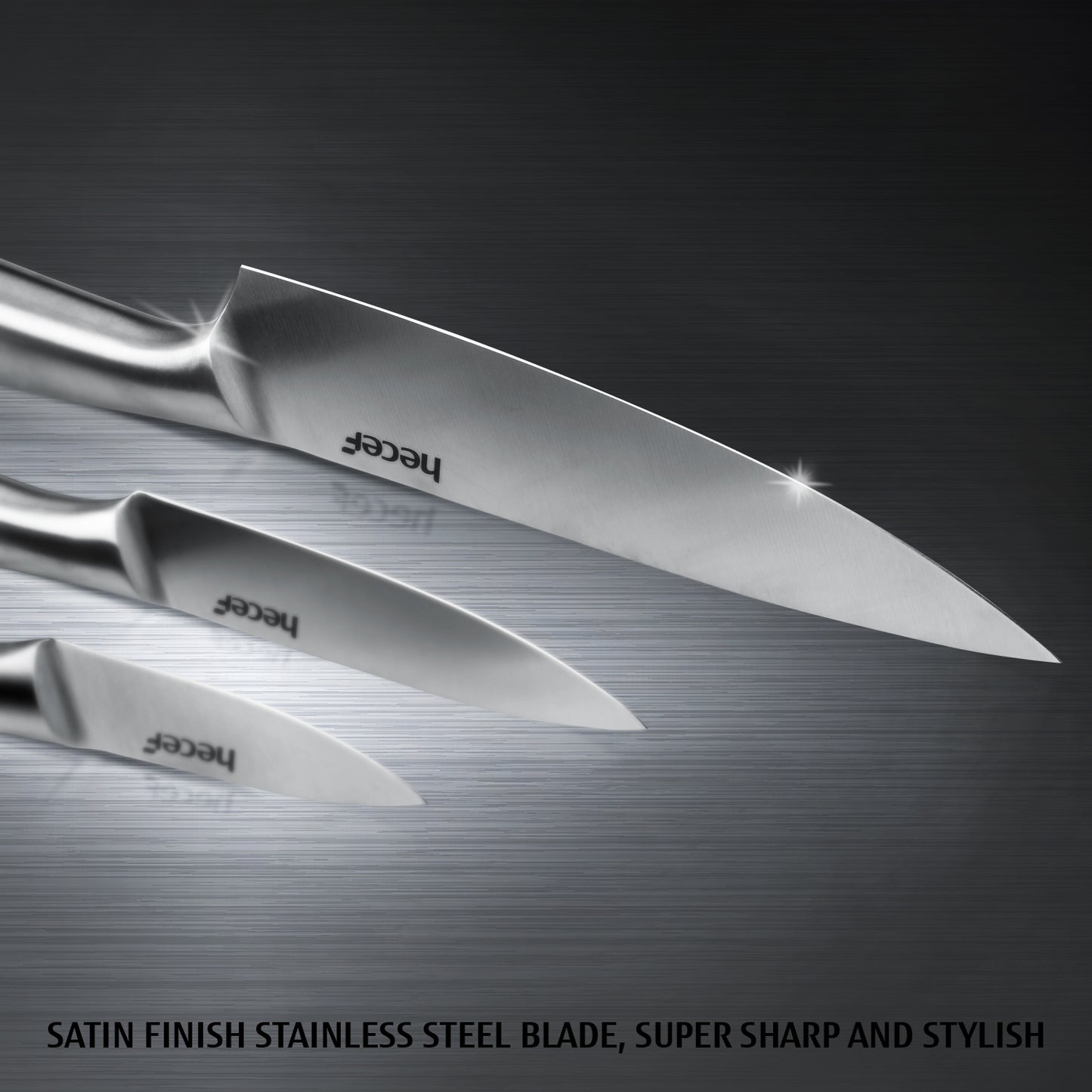 hecef Silver Kitchen knife set of 5, Satin Finish Blade with Hollow Handle, includes 8" Chef, 8"Bread, 8"Santoku, 5"Utility and 3.5"paring knife - Hecef Kitchen