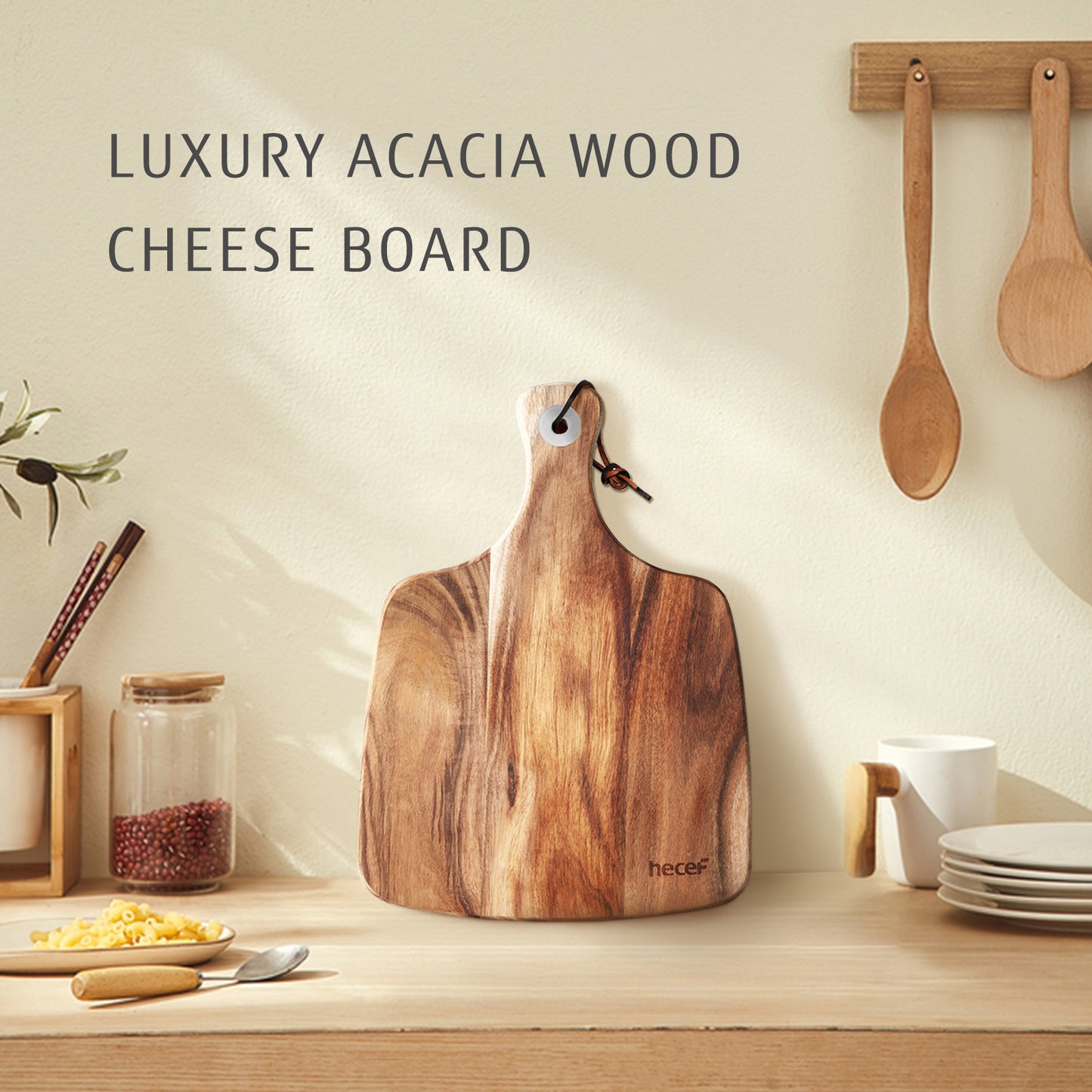 Hecef Acacia Wooden Cheese Board Gift Set with Cheese Knife & Fork - Hecef Kitchen