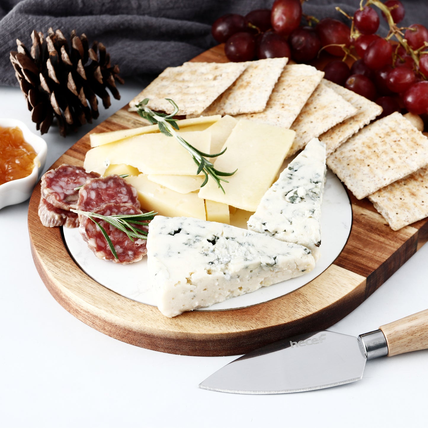 Hecef Oval Acacia Wood Cheese Board Gift Set with White Marble & Knife - Hecef Kitchen