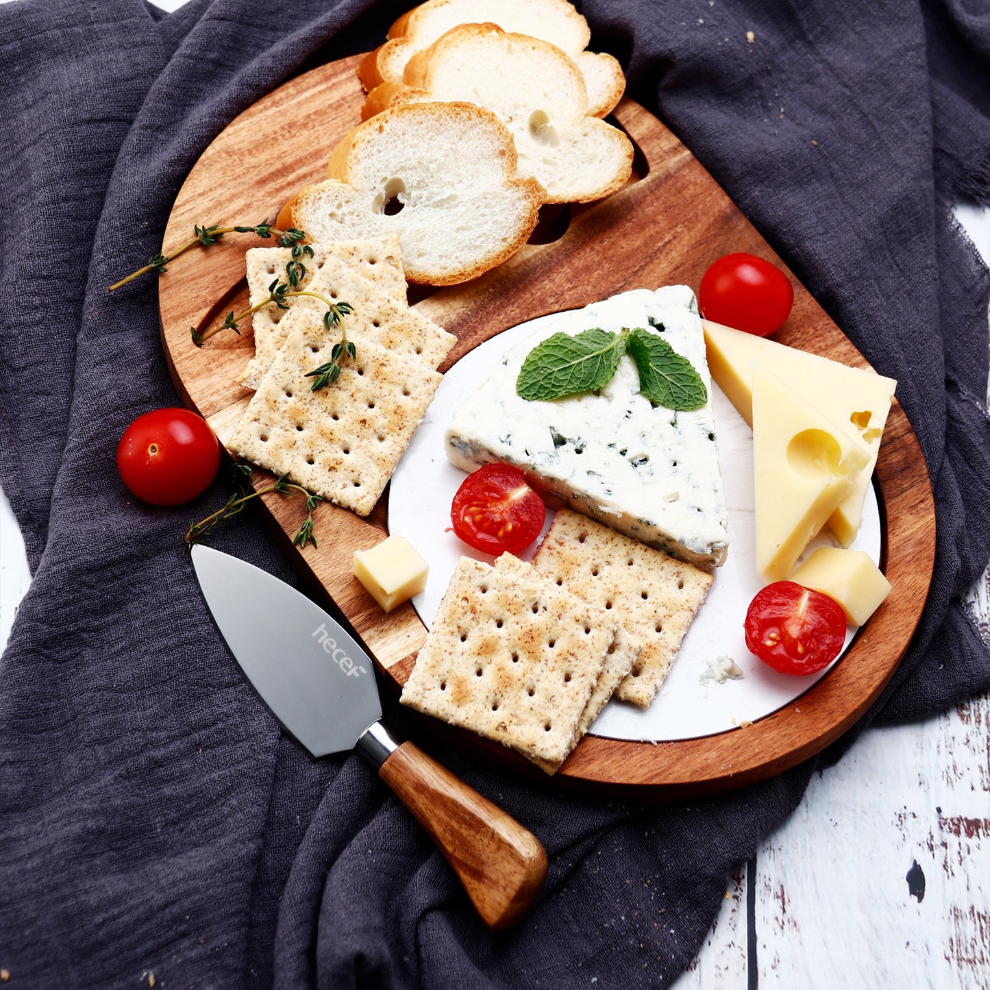 Hecef Oval Acacia Wood Cheese Board Gift Set with White Marble & Knife - Hecef Kitchen