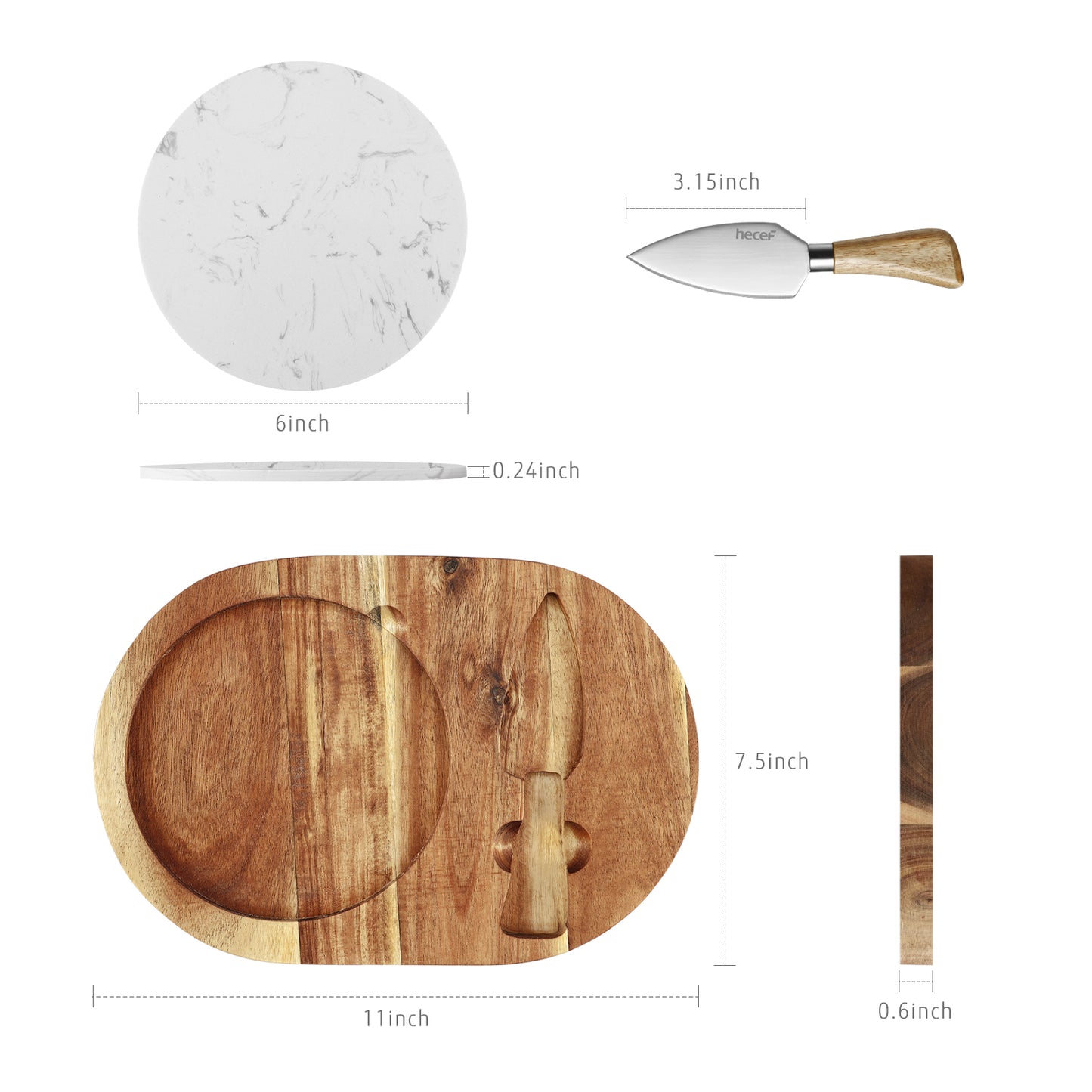 Hecef Oval Acacia Wood Cheese Board Gift Set with White Marble & Knife - Hecef Kitchen