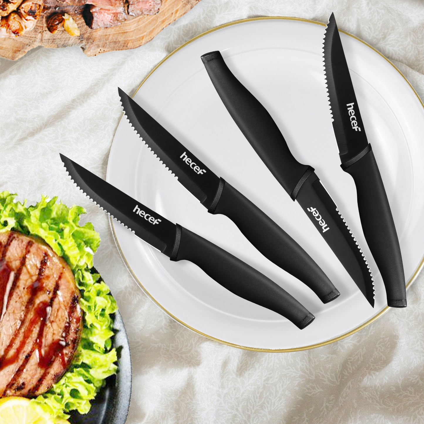 Hecef Black Oxide Steak Knives Set of 8, Dishwasher Safe High Carbon Stainless Steel Serrated Knives - Hecef Kitchen