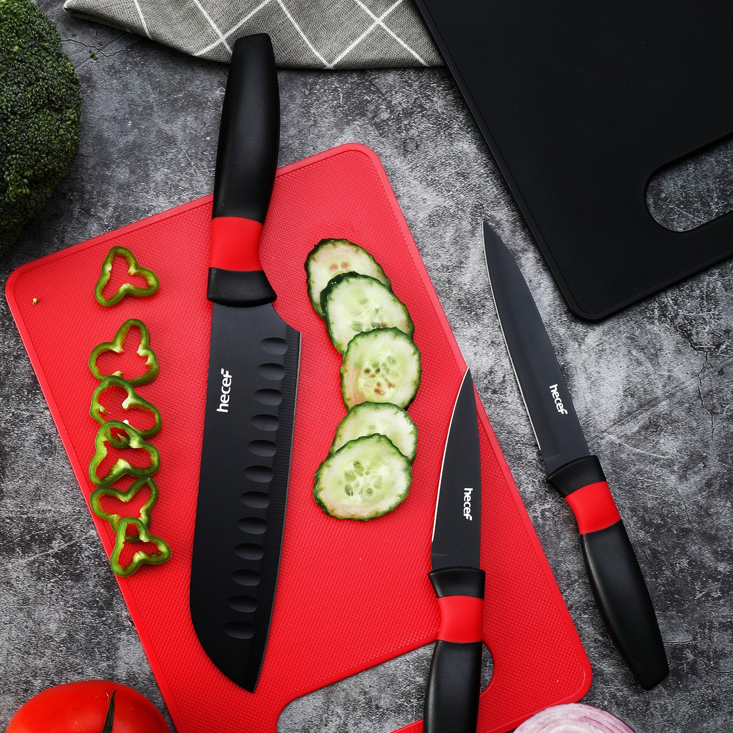 Hecef Kitchen Red Dot Knife Set of 8 with Cutting Boards & Sheaths - Hecef Kitchen