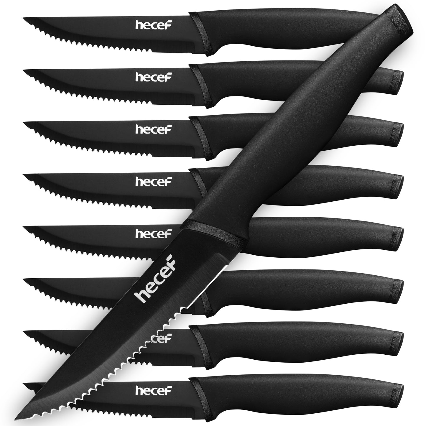 hecef Steak Knives Set of 8, Serrated Sharp Blade Black Oxide Steak Knives, Stainless Steel Flatware Steak Knives Set for Kitchen and Dinner Table - Hecef Kitchen