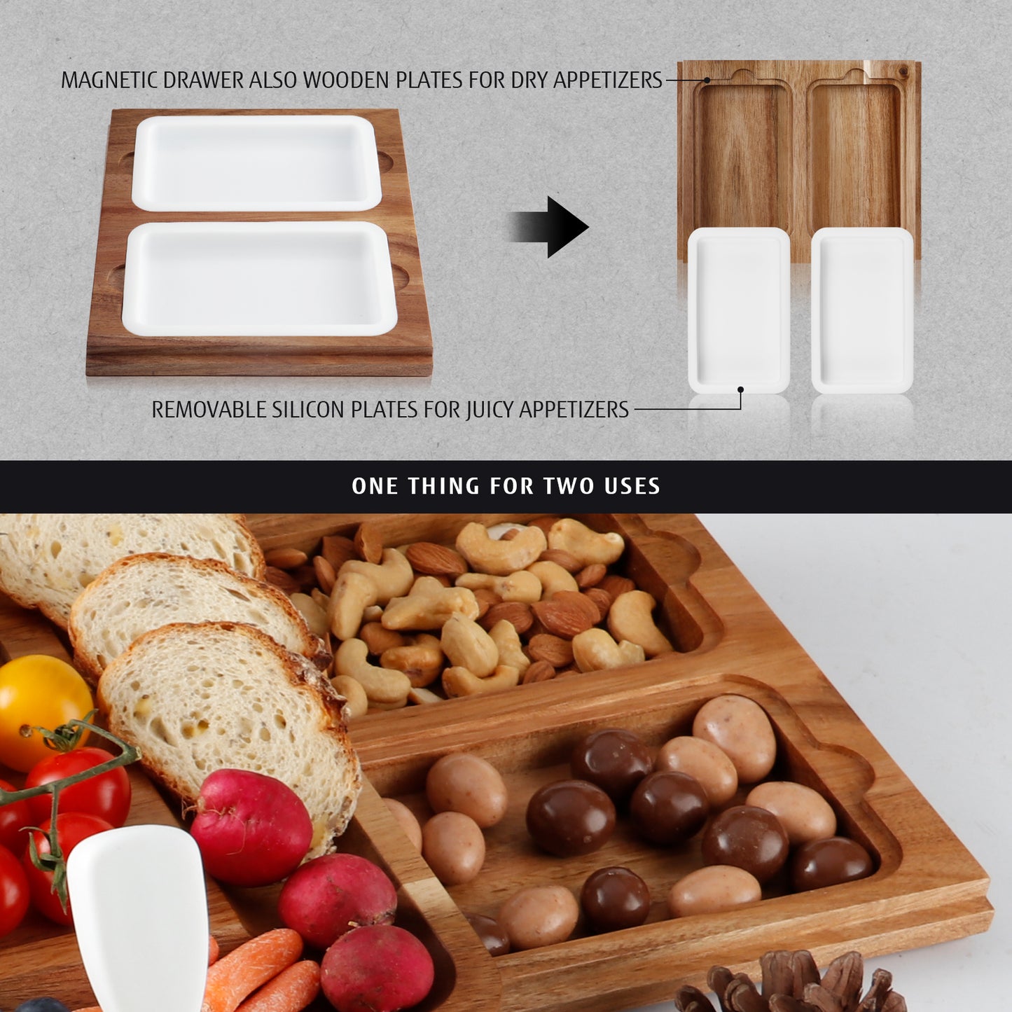 Hecef Acacia Wooden Square Marble Cheese Board Gift Set with 2 Drawers - Hecef Kitchen