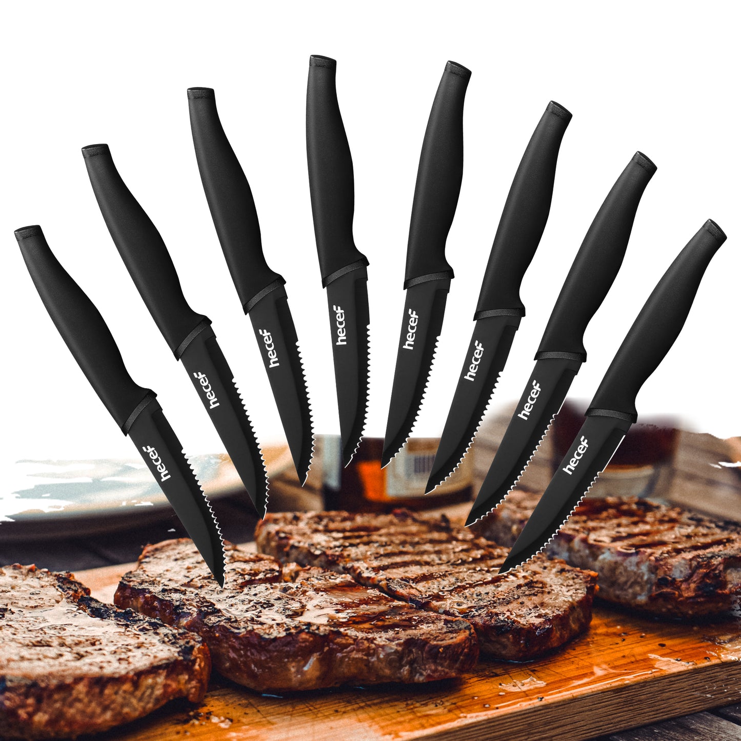 Hecef Black Oxide Steak Knives Set of 8, Dishwasher Safe High Carbon Stainless Steel Serrated Knives - Hecef Kitchen