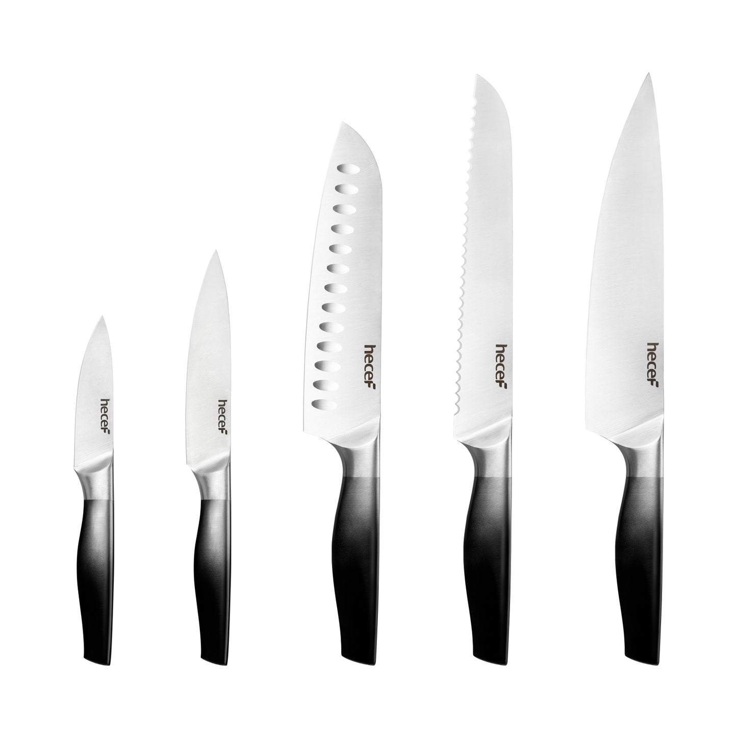 Black Gradient Kitchen Knives Set of 5 Chef's Knife Set with Satin Blade & Hollow Handle & Protective Covers Includes Cook, Santoku, Bread, All Purpose & Vegetable Knife - Hecef Kitchen