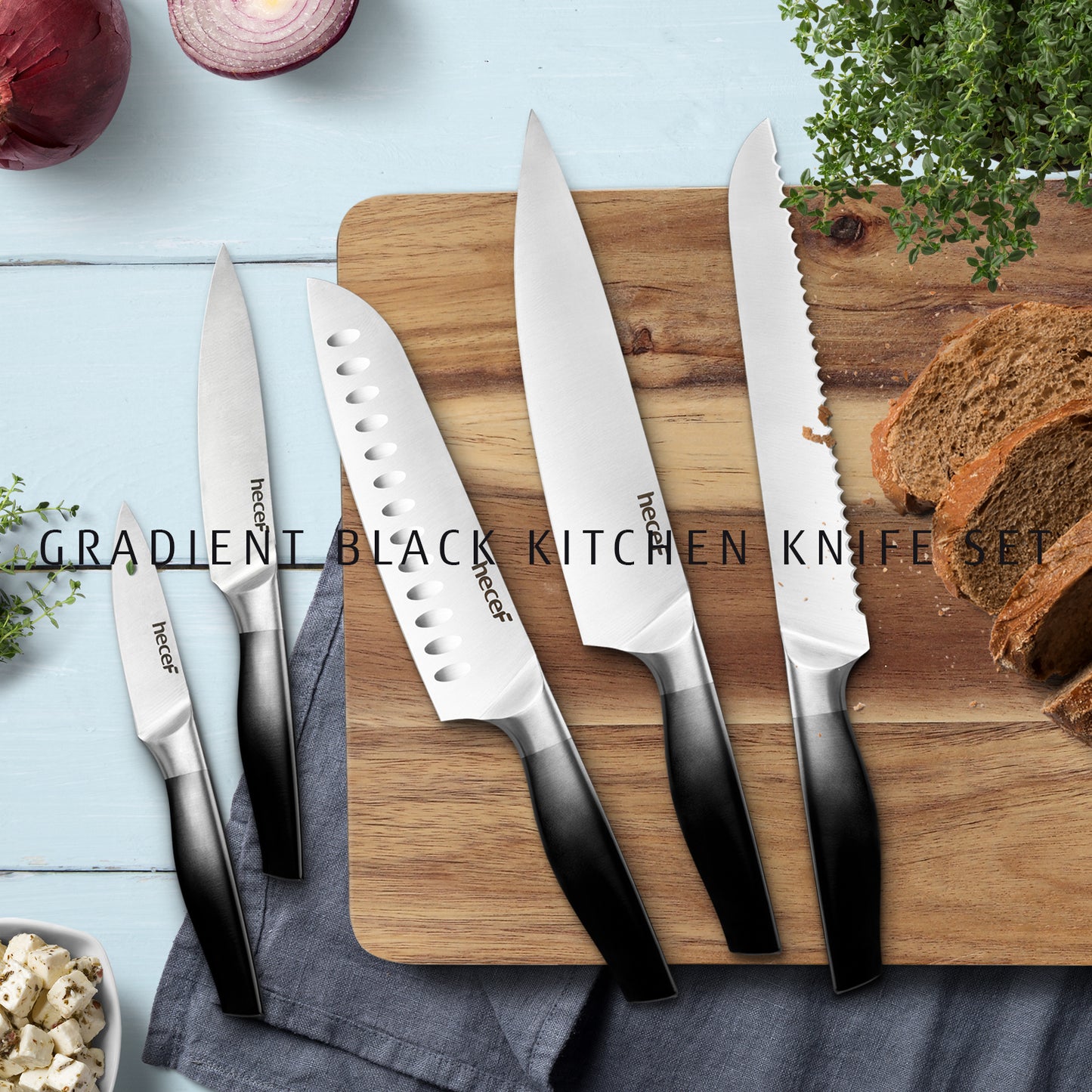 Black Gradient Kitchen Knives Set of 5 Chef's Knife Set with Satin Blade & Hollow Handle & Protective Covers Includes Cook, Santoku, Bread, All Purpose & Vegetable Knife - Hecef Kitchen