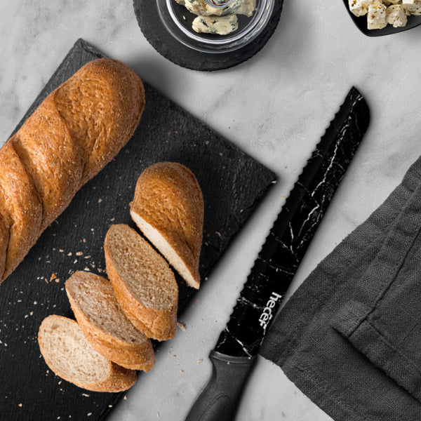 hecef Marble Pattern Kitchen Knife Set of 5, Premium Stainless Steel Blade with Ergonomic Handle（PP+TPR Material）includes Santoku, Chef, Bread, Utility and Paring Knife - Hecef Kitchen