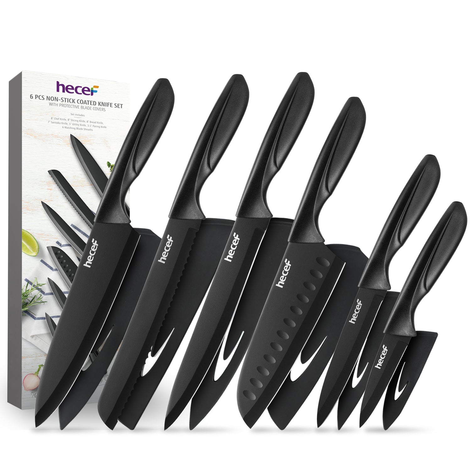 Hecef 6-Piece Stainless Steel Chef Cooking Knife Set with Blade Sheaths, Dishwasher Safe - Hecef Kitchen