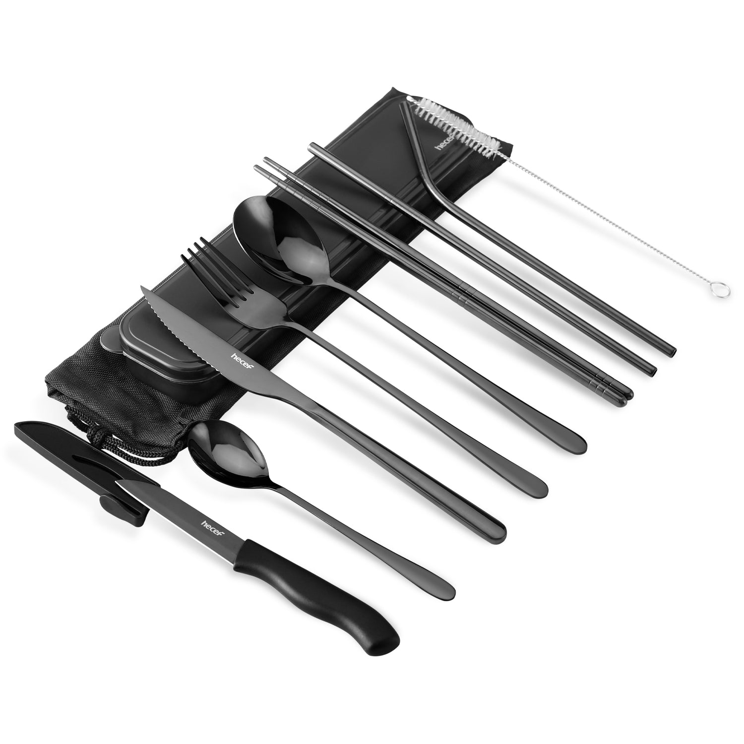 hecef 11 PCS Black Titanium Plating Travel Cutlery Set with Compact Carrying Box& Bag, Reusable Stainless Steel Utensils, Handy Flatware Set for Work, School, Camping and Travel (Black) - Hecef Kitchen