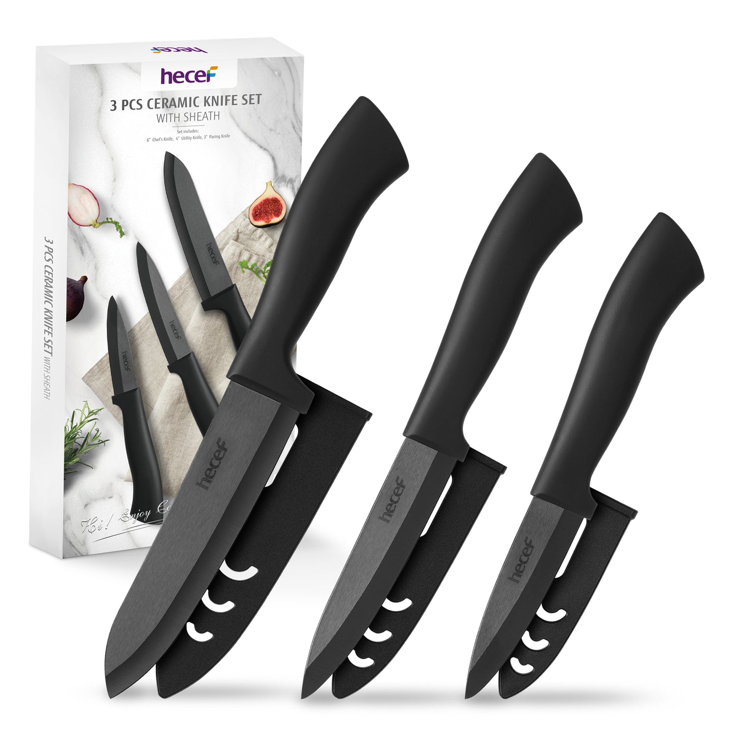 Hecef 3 PCS White Ceremic Chef's Knife,Utility Knife, Fruit Paring Knife - Hecef Kitchen
