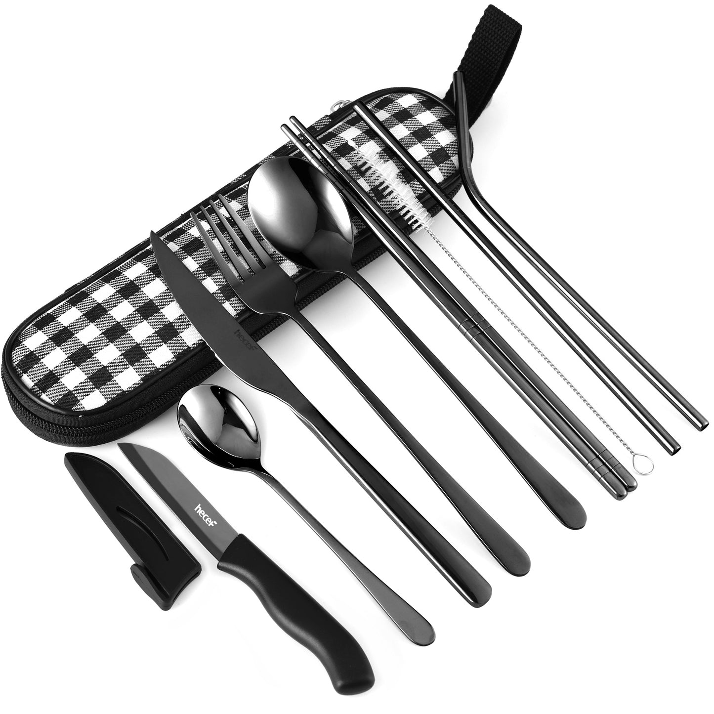Hecef 11 PCS Black Titanium Plating Portable Utensils, Reusable Travel Cutlery Set with Compact Carrying Case & Mesh Bag, 18/0 Stainless Steel Handy Flatware Set for Work, School, Camping - Hecef Kitchen