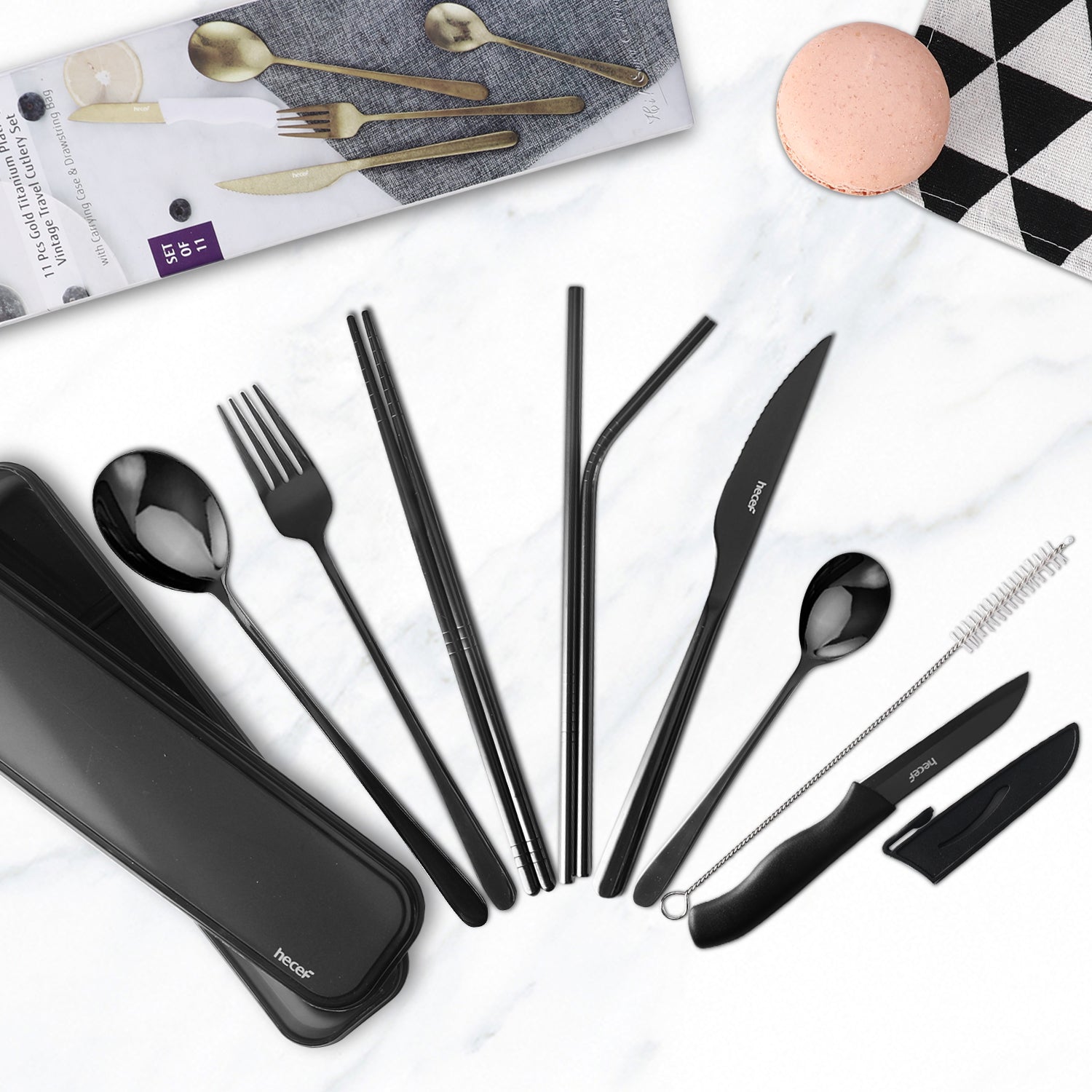 hecef 11 PCS Black Titanium Plating Travel Cutlery Set with Compact Carrying Box& Bag, Reusable Stainless Steel Utensils, Handy Flatware Set for Work, School, Camping and Travel (Black) - Hecef Kitchen