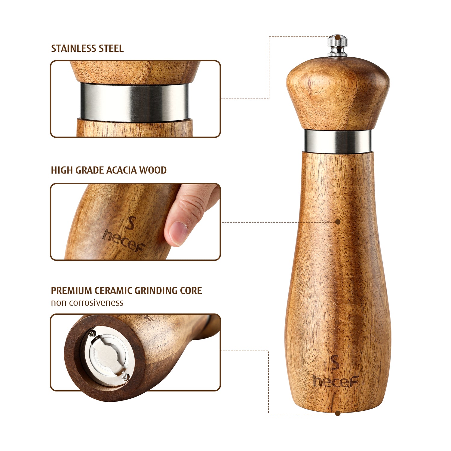 Hecef 2 Pieces Salt and Pepper Mill Set,8 Inches Acacia Wood Salt and Pepper Shaker with Adjustable Ceramic Rotor Custom Coarse, Refillable Spice Mill Pepper Mill - Hecef Kitchen