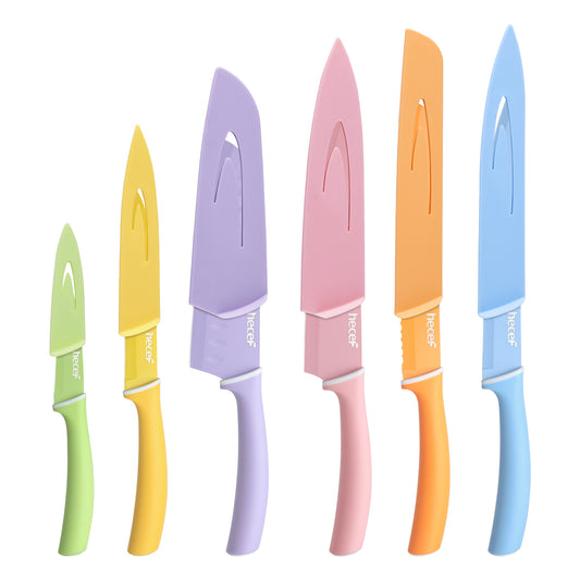 hecef Colorful Knife Set, 6 Pieces Kitchen Knife Set with Covers, Stainless Steel Colour Coded Non-Stick Cooking Knife Set Including Paring, Utility, Bread, Carving, Santoku & Chef Knife - Hecef Kitchen