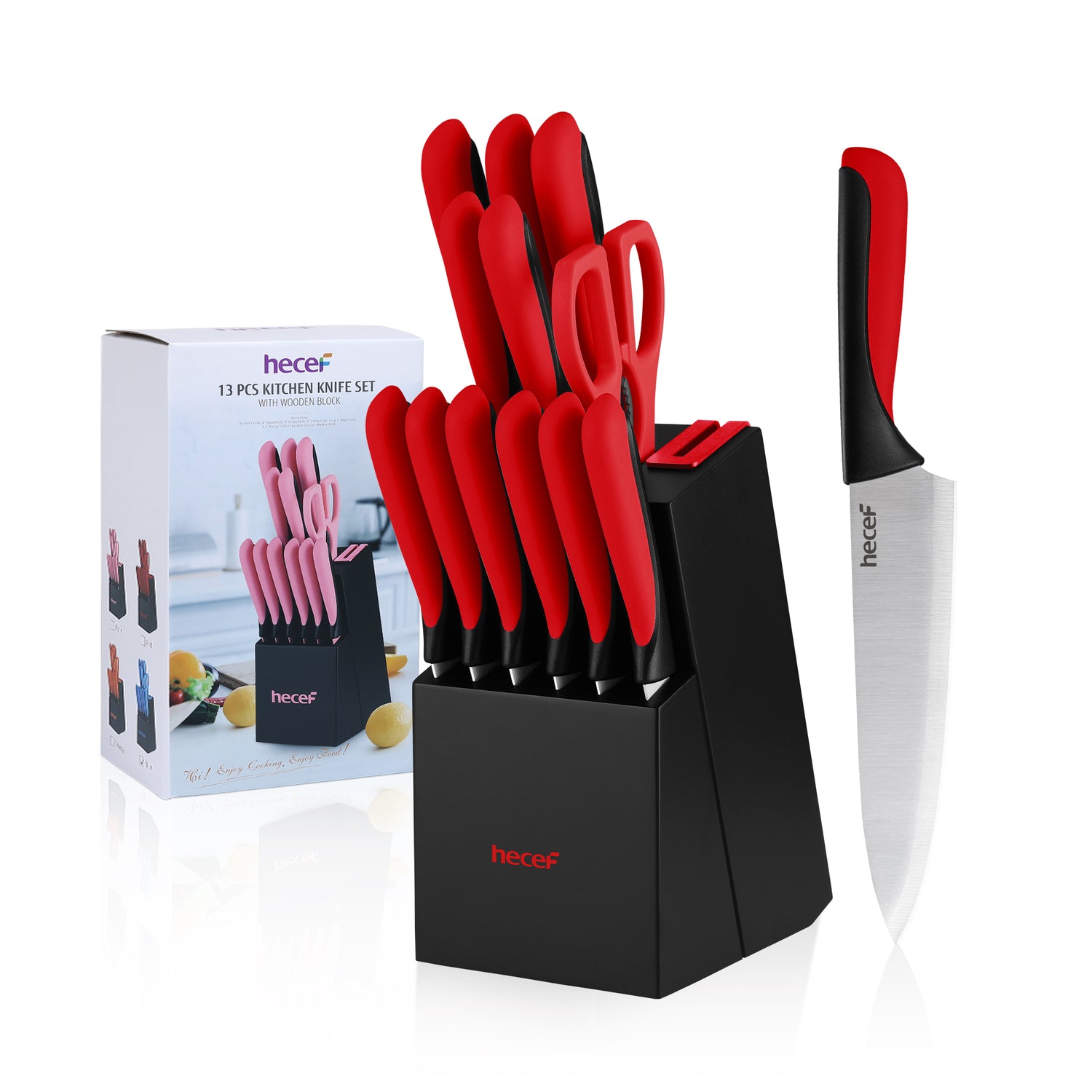 hecef knife block with knife, 13-piece kitchen knife set with wooden block and built-in sharpener, professional knife set with steak knives and kitchen scissors, etc - Hecef Kitchen