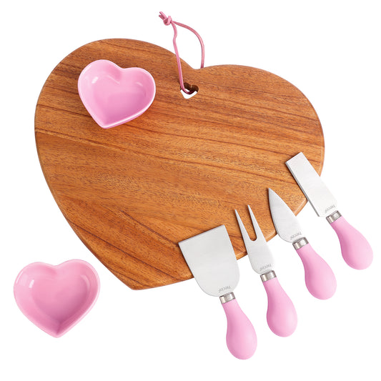 Hecef 7-Piece Heart-Shaped Cheese Board with Knives and Ceramic Bowls, Wooden Charcuterie Serving Cutting Board Gift Set