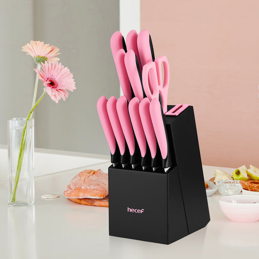 hecef knife block with knife, 13-piece kitchen knife set with wooden block and built-in sharpener, professional knife set with steak knives and kitchen scissors, etc - Hecef Kitchen