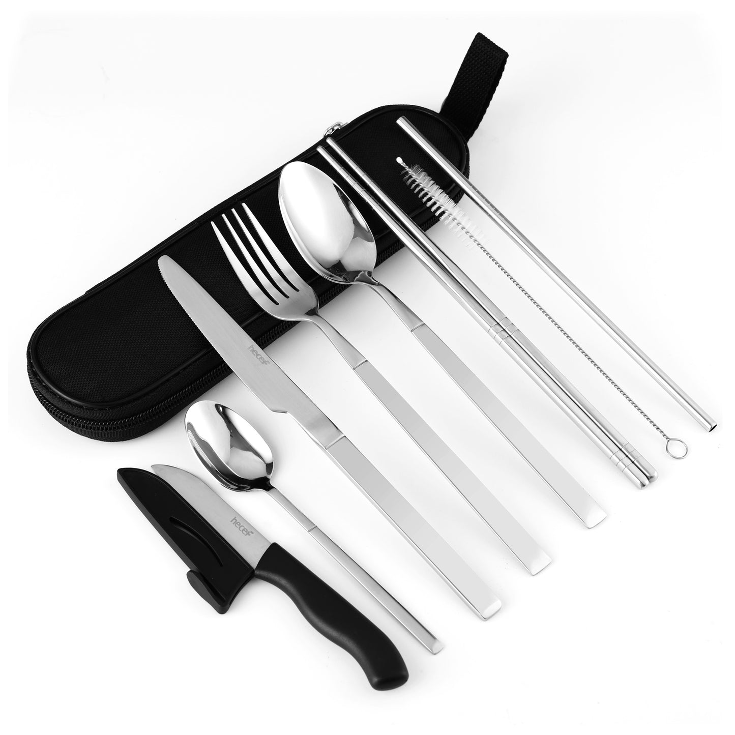 Hecef 9 Pieces Camping Cutlery Set with Compact Carrying Case, Reusable 18/0 Stainless Steel Utensils, Handy Flatware Set for Work, School, Camping and Travel - Hecef Kitchen