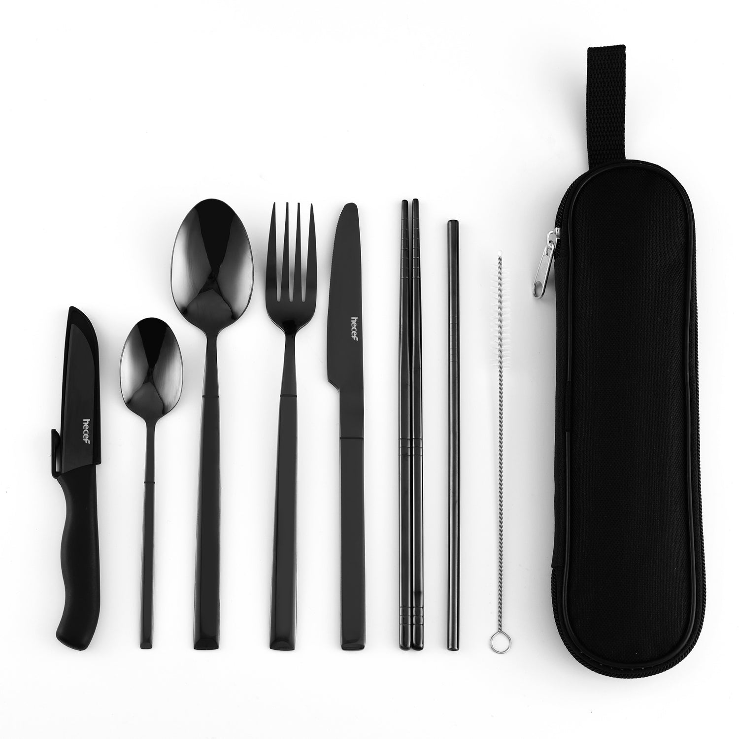 Hecef 9 Pieces Camping Cutlery Set with Compact Carrying Case, Reusable 18/0 Stainless Steel Utensils, Handy Flatware Set for Work, School, Camping and Travel - Hecef Kitchen