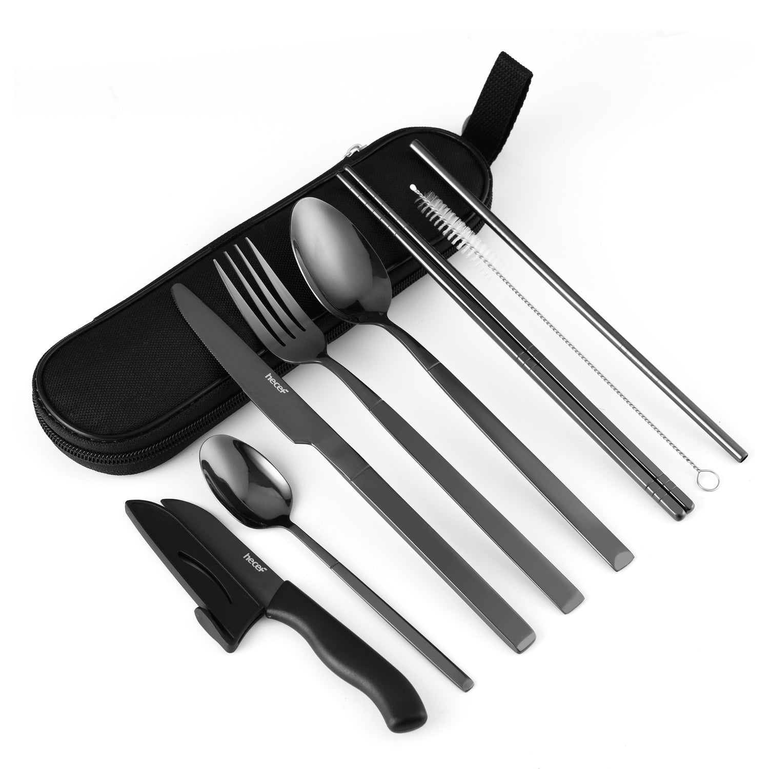 Hecef 9 Pieces Camping Cutlery Set with Compact Carrying Case, Reusable 18/0 Stainless Steel Utensils, Handy Flatware Set for Work, School, Camping and Travel - Hecef Kitchen