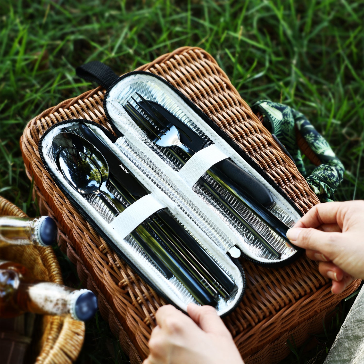 Hecef 9 Pieces Camping Cutlery Set with Compact Carrying Case, Reusable 18/0 Stainless Steel Utensils, Handy Flatware Set for Work, School, Camping and Travel - Hecef Kitchen