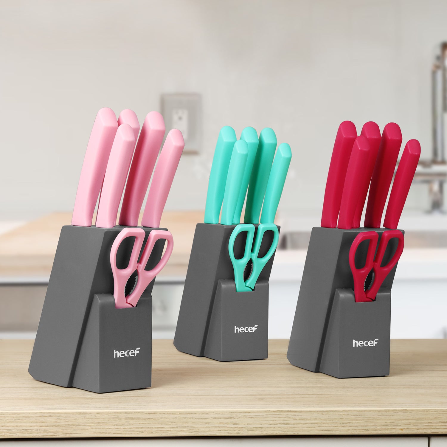 Hecef 12 Pieces Kitchen Knife Block Set,Knife Set with Wooden Block & Steak Knives Set, Lightweight and Strong High Carbon Stainless Steel Cutlery Set, Extended Handle Design - Hecef Kitchen