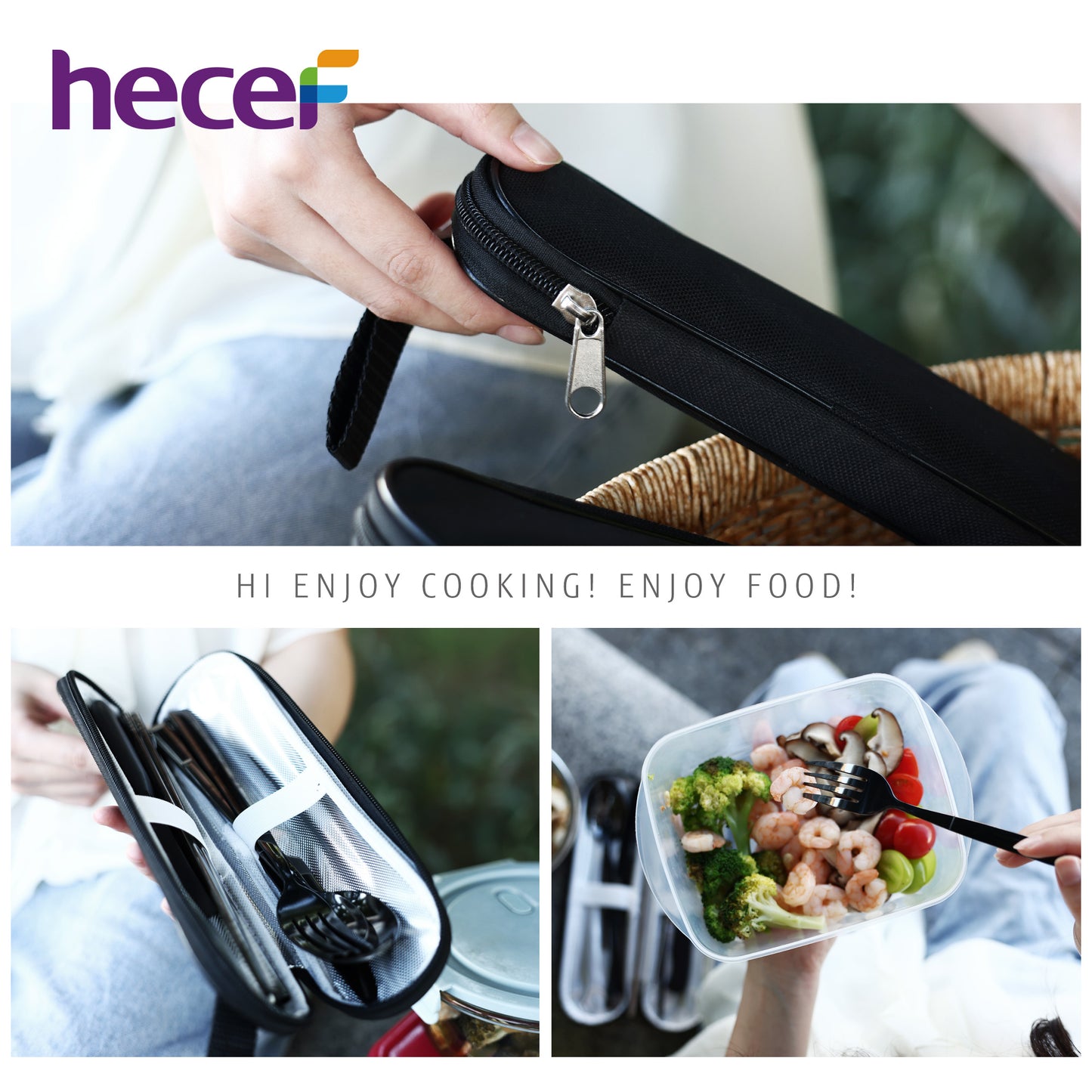 Hecef 9 Pieces Camping Cutlery Set with Compact Carrying Case, Reusable 18/0 Stainless Steel Utensils, Handy Flatware Set for Work, School, Camping and Travel - Hecef Kitchen
