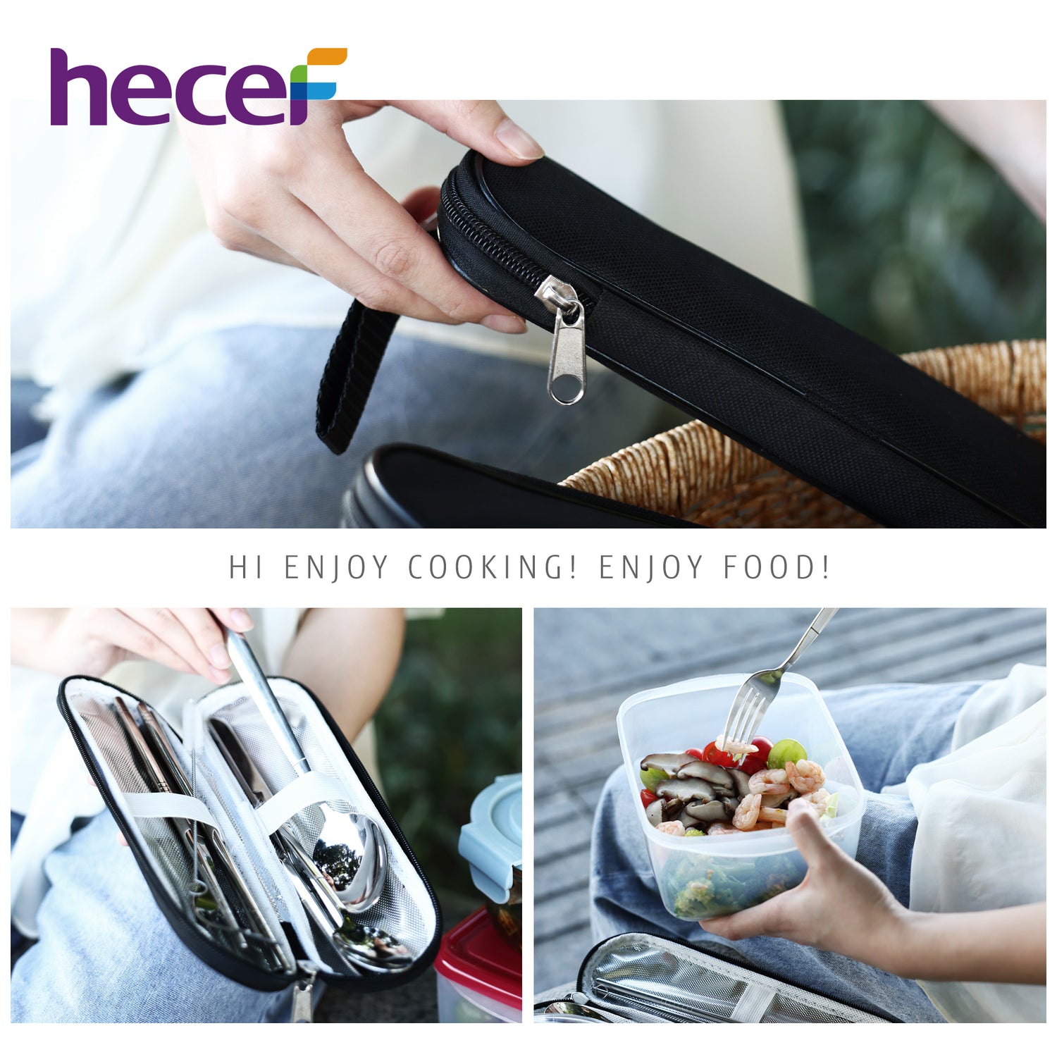 Hecef 9 Pieces Camping Cutlery Set with Compact Carrying Case, Reusable 18/0 Stainless Steel Utensils, Handy Flatware Set for Work, School, Camping and Travel - Hecef Kitchen