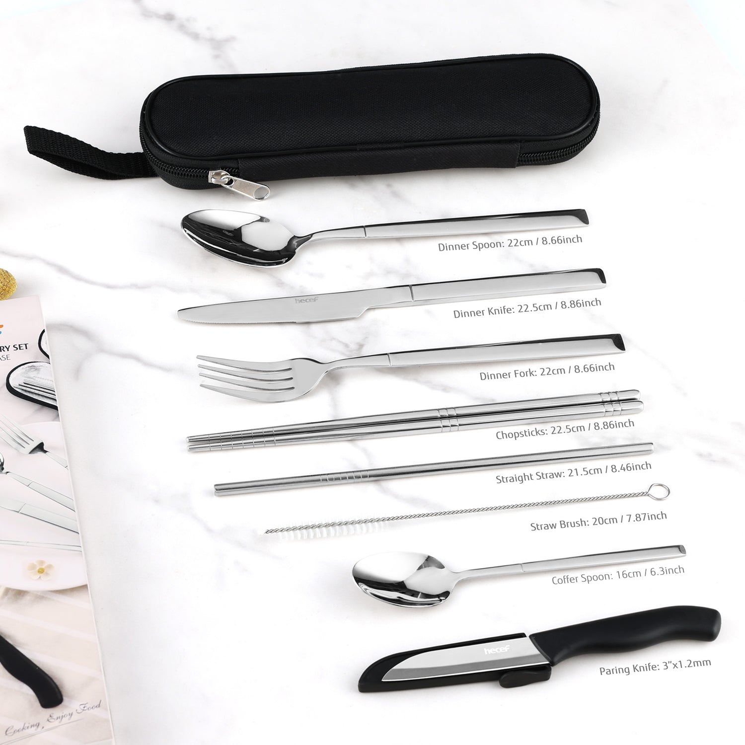 Hecef 9 Pieces Camping Cutlery Set with Compact Carrying Case, Reusable 18/0 Stainless Steel Utensils, Handy Flatware Set for Work, School, Camping and Travel - Hecef Kitchen