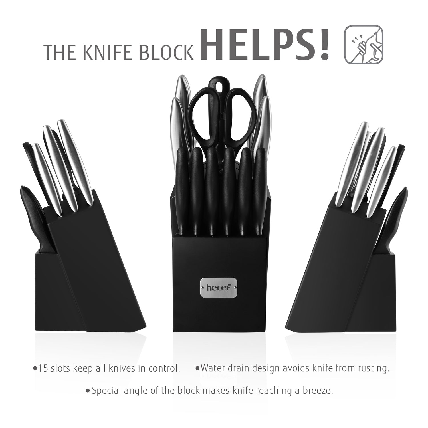 hecef Damascus Style Kitchen Knife Set with Patented Handle, 15 Pieces High Carbon Stainless Steel Chef Knives Set with Wooden Block, Steak Knives, Scissors, Sharpening Steel - Hecef Kitchen