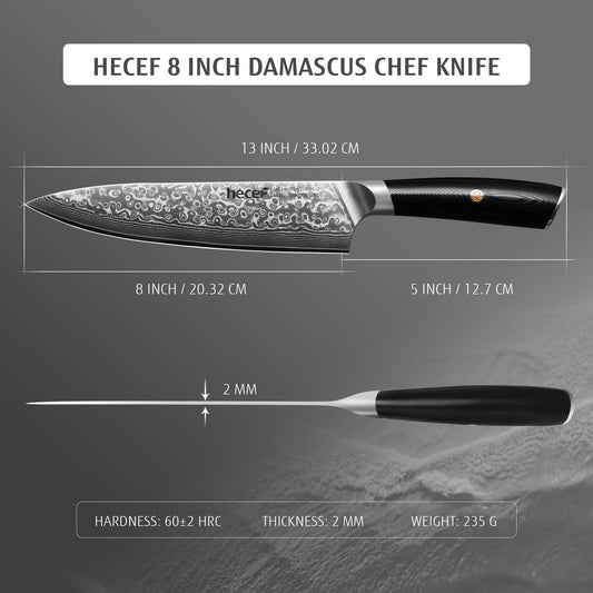 Hecef Japanese Damascus Chef Knife 8 inch/ 20 cm Razor Sharp Professional Chef Cooking Knife 67 Layers Damascus VG10 Steel
